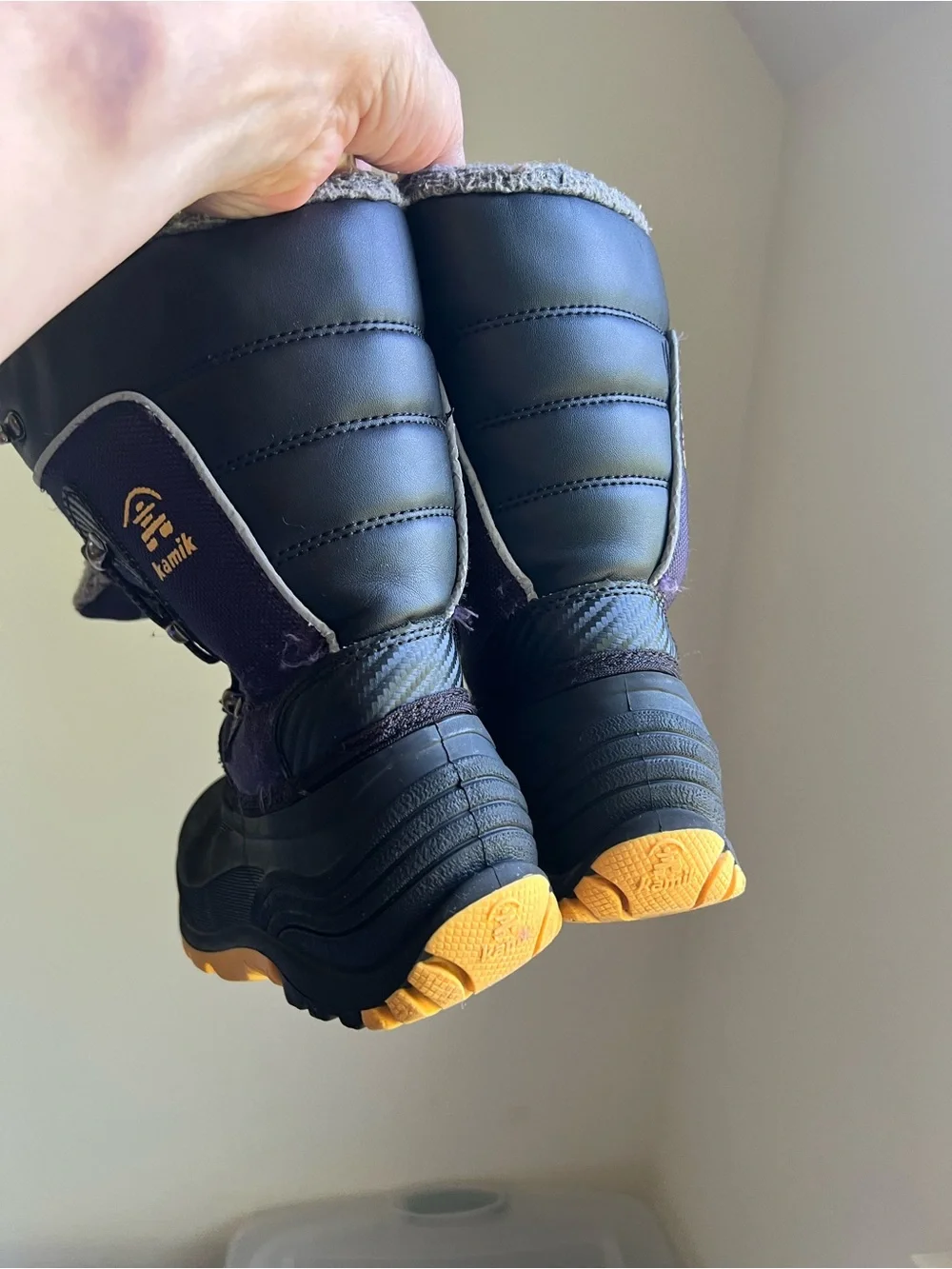 Kamik Kids Snow Boots in Black and Navy/Purple with Gray Fleece Collar